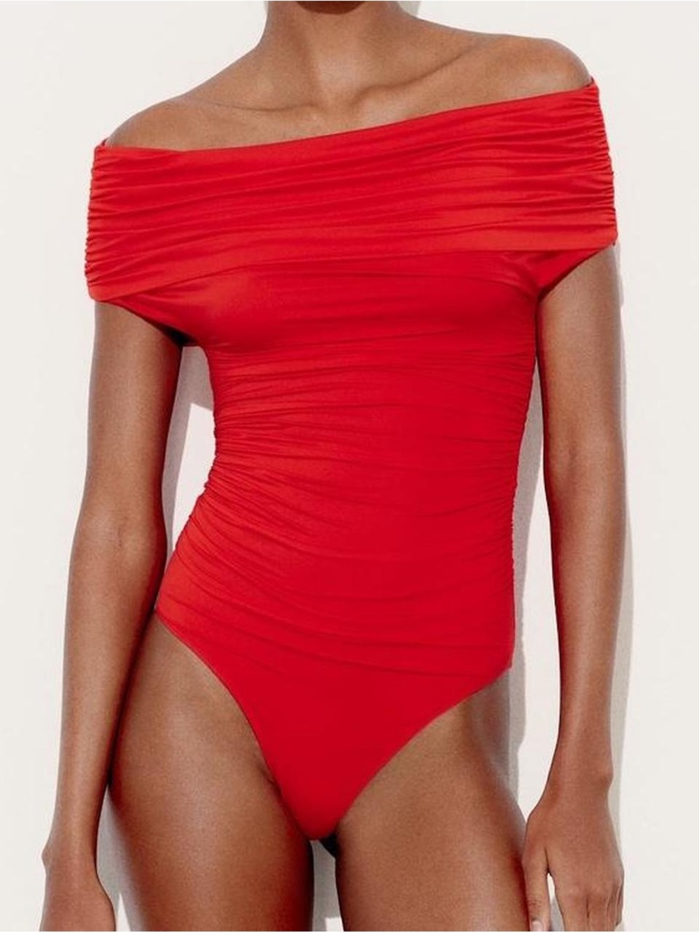 Zara Off-Shoulder Red Ruched Bodysuit